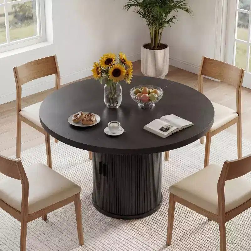 Dyonery 35.43-inch Round Wood Dining Table, Grooved Kitchen Dining Table, Round Dining Table with Storage Base, Round