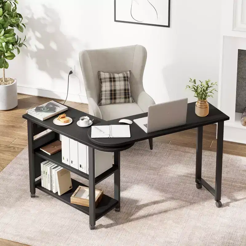 Garvee 360 Rotating Side Table with Charging Station, Swivel End Table with Storage Bag and 6 Lockable Wheels, Movable Table for Bedroom Living Room