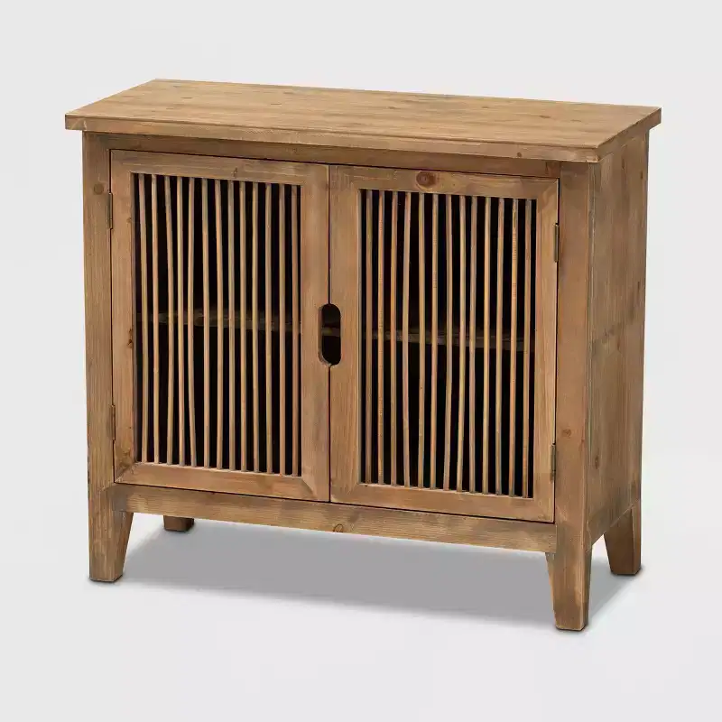 Baxton Studio Clement 2 Door Wood Spindle Accent Storage Cabinet Brown: Bohemian Style, Fixed Shelves, No Assembly Required