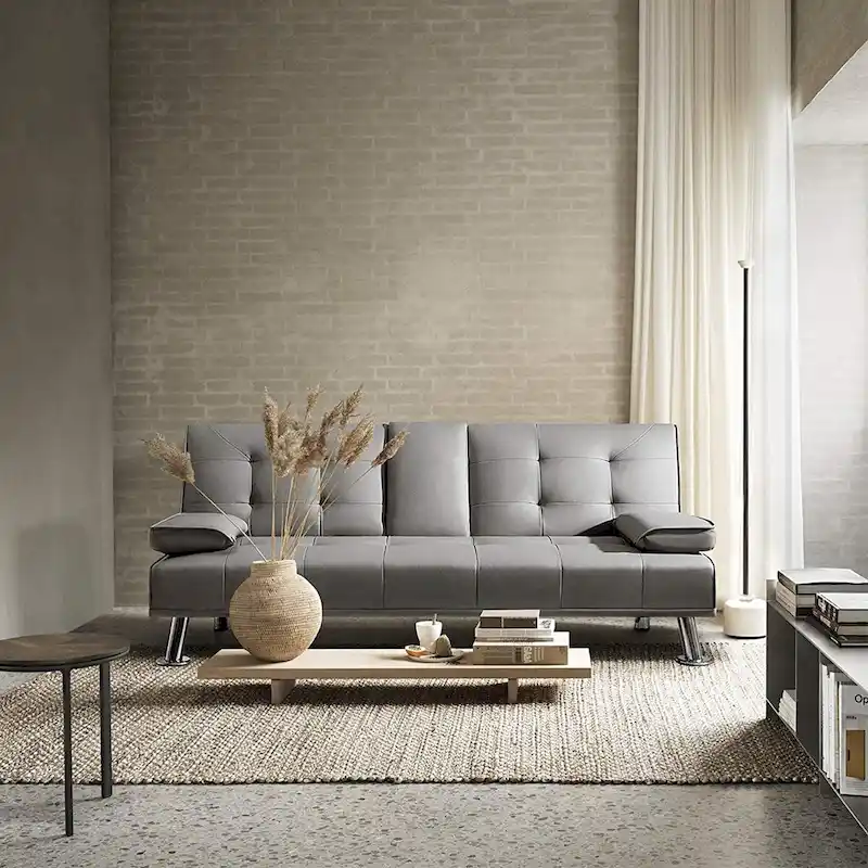 Furniwell Modern Faux Leather Futon with Cup Holders & Pillows, 65