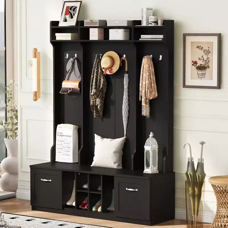 5-In-1 Coat Rack with 7 Sturdy Hooks and 2 Spacious Drawers, Wide Hall Tree with Adjustable Shelves and Metal Handles for Hallway, Black