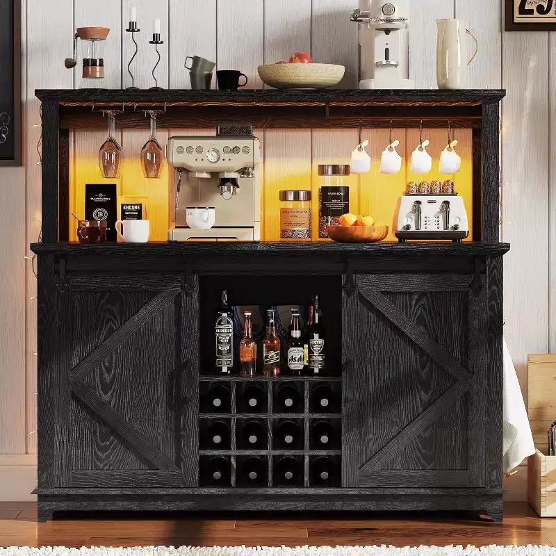 55 Black Farmhouse Coffee Bar Cabinet - Power Outlet & LED Light, Sliding Barn Door, 12-Bottle Wine Rack, 2-Tier Drawers