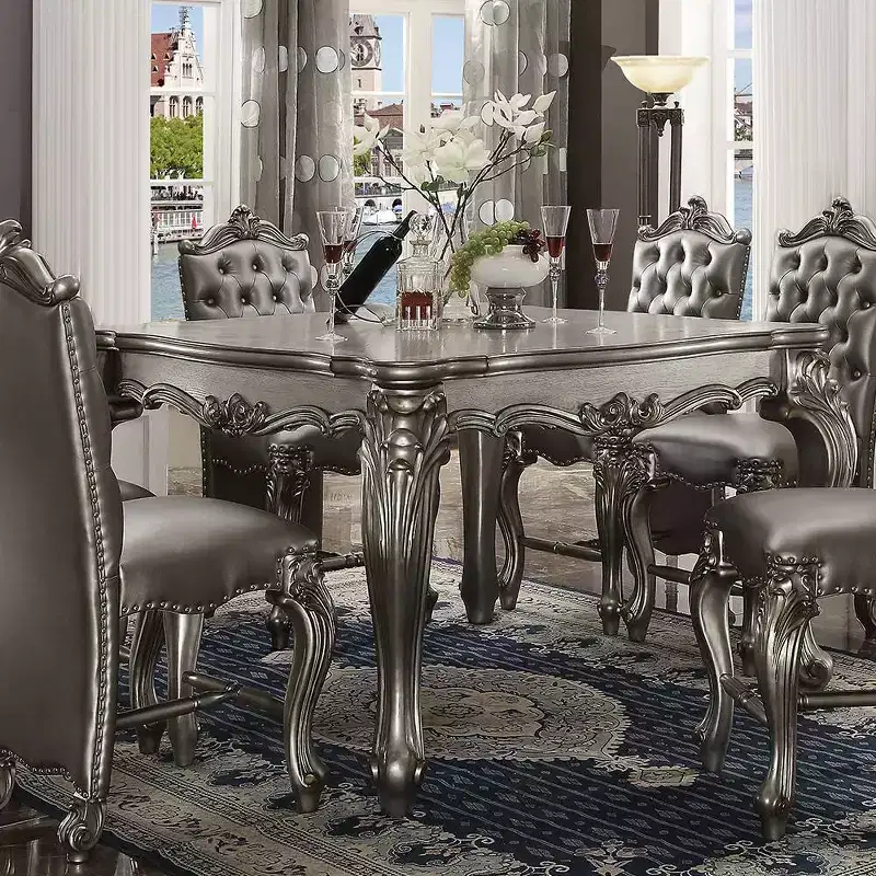 55" Versailles Dining Table Antique Platinum - Acme Furniture: Traditional Style, Scrolled Feet, Nailhead Trim, Wood Frame
