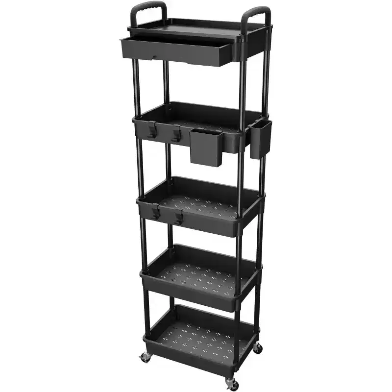 ALUCSET 5 Tier Rolling Utility Cart with Drawer, Plastic Storage Organizer Cart with Wheels, Lockable Caster for Kitchen, Bathroom, Office, Bedroom