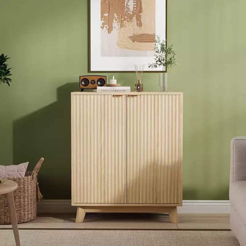 Fluted Sideboard Buffet Cabinet with Storage, Modern Storage Cabinet with 2 Doors and Adjustable Shelves Wood Color