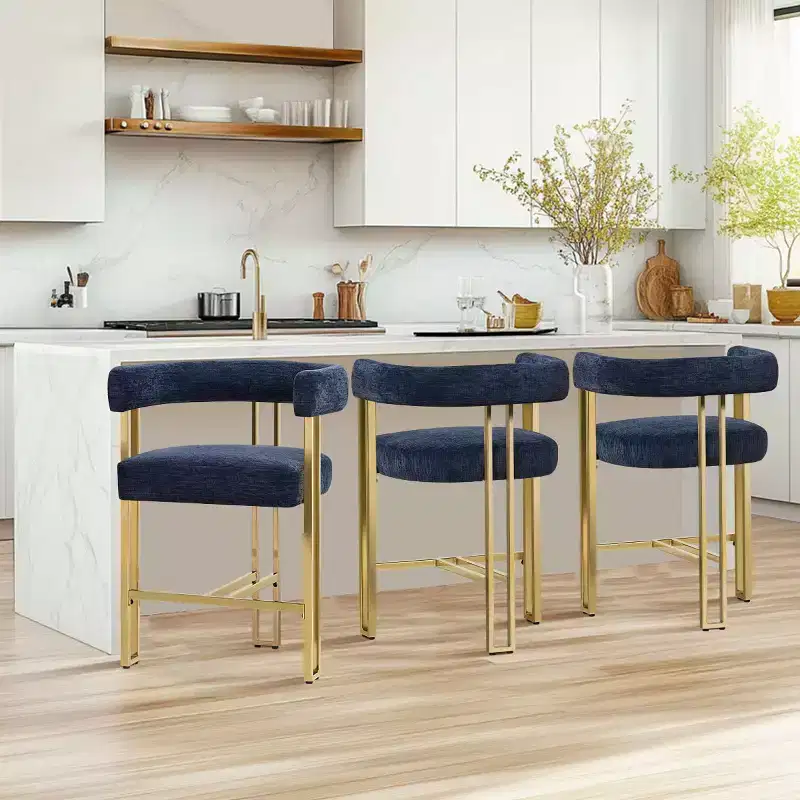 Set of 3 Counter Height Bar Stools with Backs and Arms, Modern Chenille Upholstered Kitchen Island Chairs with Gold Metal Legs - Panipeachy