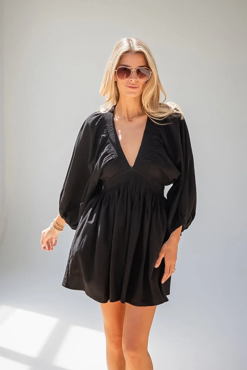 Smocked Waist Balloon Sleeve A-Line Mini Dress
