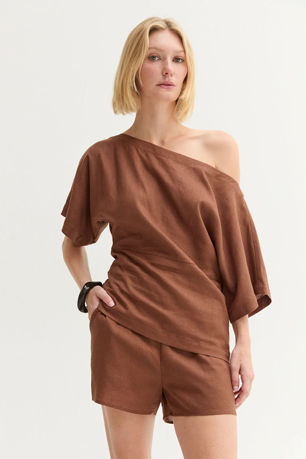 One Shoulder Linen Blend Top