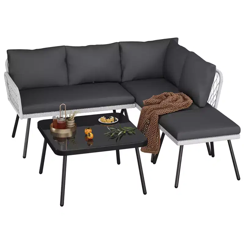 L-Shaped Patio Furniture Sets, Outdoor PE Wicker Conversation Set with Tempered Glass Coffee Table & Cushions (2 Loveseat ,1 Ottoman ,1 Coffee Table)
