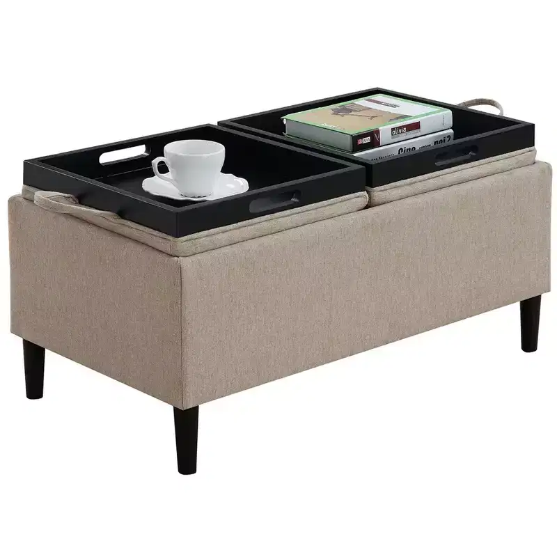 Storage Ottoman with Reversible Trays, Linen Fabric, Soft Beige