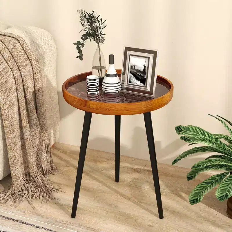Costway 16 Round End Table Mid-century Modern Coffee Table with Sea Shell Decoration Brown/Green