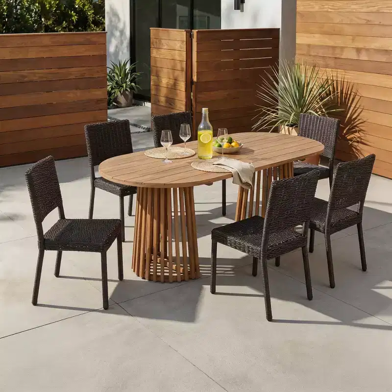 Christopher Knight Home Bobby 7 Piece Farmhouse Patio Acacia Wood Rattan Dining Set