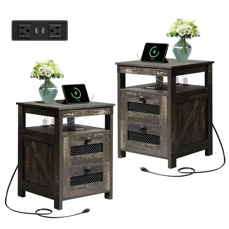 Nightstand with Charging Station, 2-Drawer End Table for Bedroom and Living Room, Farmhouse Side Table with USB Ports and Outlets, Dark Rustic Oak