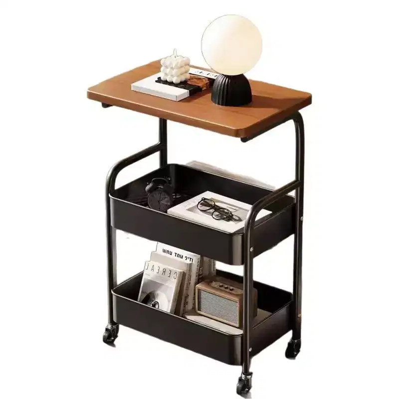 3-Tier Rolling Cart w/Wooden Tabletop, Utility Cart w/Lockable Wheels, Multipurpose Storage Organizer Trolley