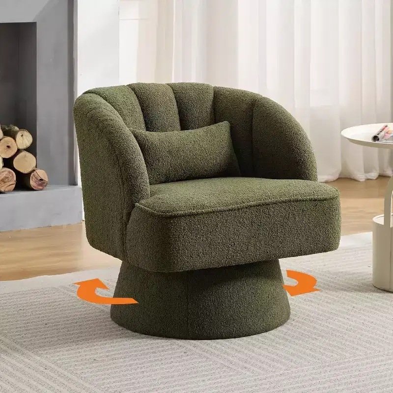 Swivel Barrel Chair - Teddy Bear Velvet Upholstered Modern Armchair with Striped Backrest & Plush Padding,for Living Room, Bedroom