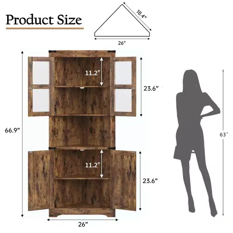 67 in Tall Corner Storage Cabinet with Lights, Farmhouse Corner Hutch Display Cabinet with Glass Doors, Wooden Storage Organizer for Kitchen, Bathroom
