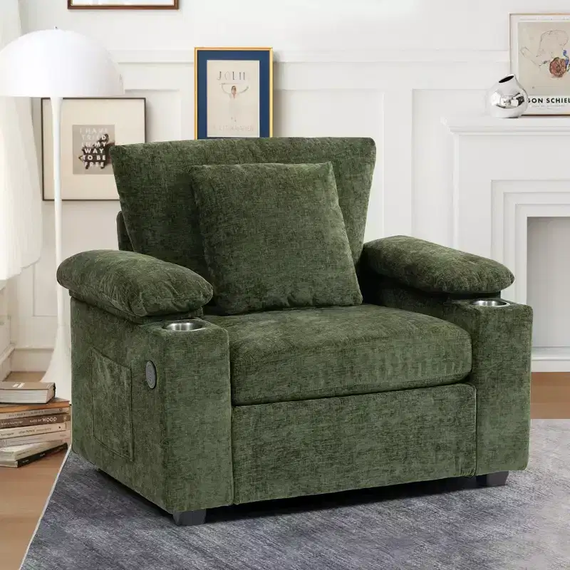 Modern Oversized Chair with Ottoman, Chenille Fabric Accent Chair Comfy Sofa Bed with Cup Holders and USB Ports - ModernLuxe