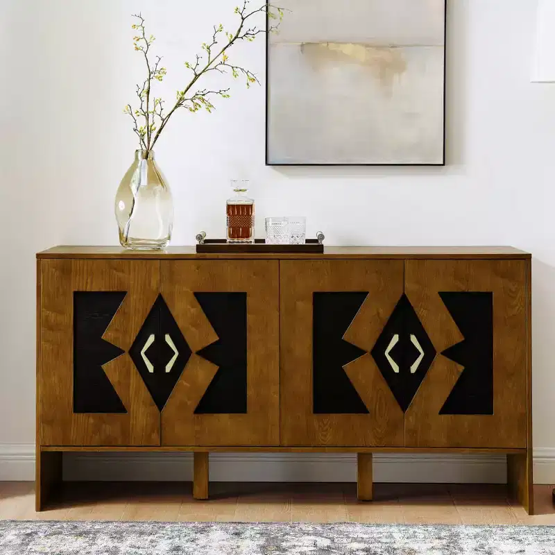 Black / Walnut Mid-Century Sideboard Buffet Cabinet with Geometric Doors, 4-Door Storage Console