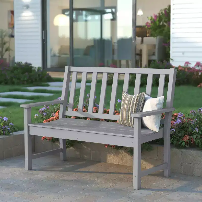 Emma and Oliver Indoor/Outdoor Bench with Contoured Seat and Armrests in Recycled HDPE
