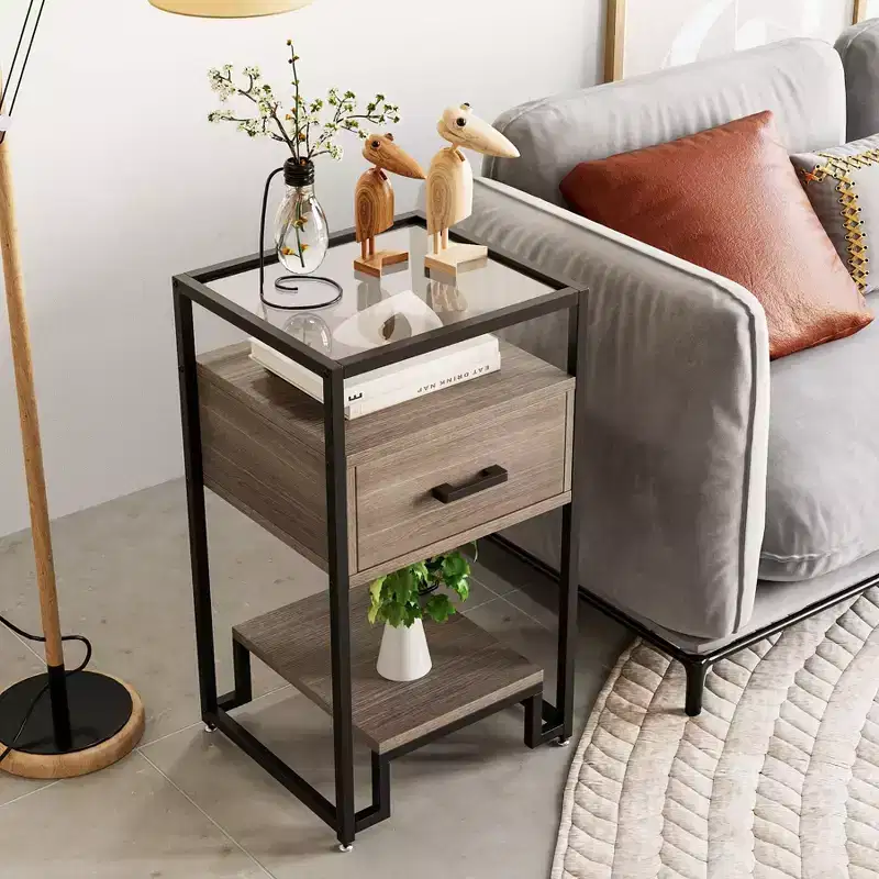 2PCS Nightstands, Beside Table with Storage Drawer and 3-Tier StorageSmall End Table with Steel Frame and Tempered Glass Top