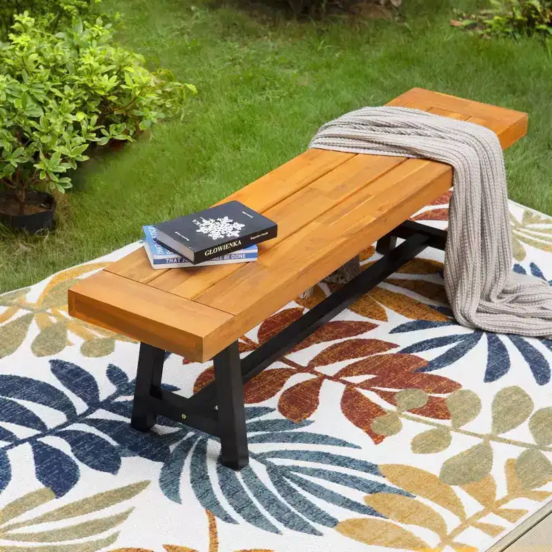 63" Rectangular Acacia Wood Patio Bench - Captiva Designs: Weather-Resistant, Steel Frame, Seating for 2