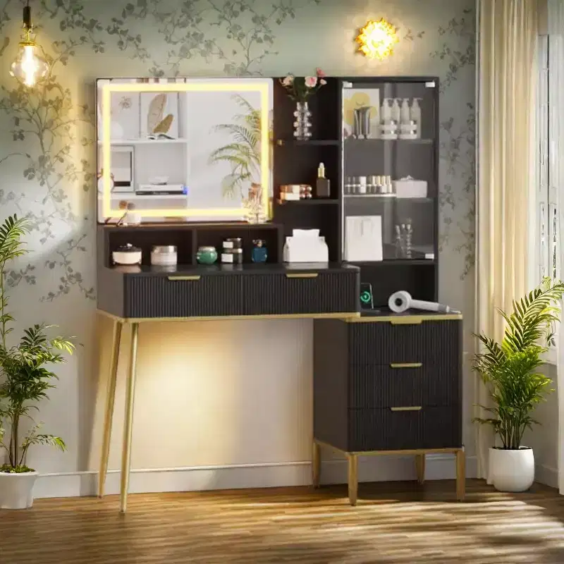 Modern Makeup Vanity Desk With HD Lighted Mirror,Modern Glass Top Elegant Fluted Acrylic Protective Door,Storage Shelf