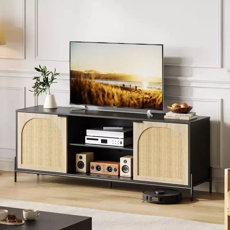 Black Oak Rattan TV Stand, Mid-Century Style, Fits TVs up to 75