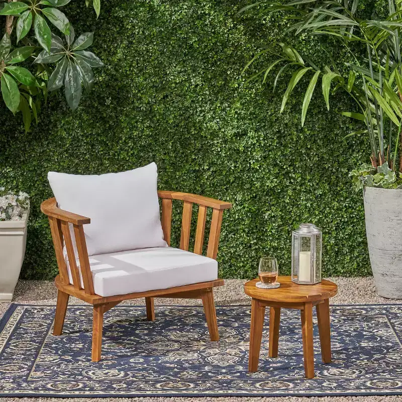 Chilian 2pc Acacia Wood Chair and Table Set - Teak/White - Christopher Knight Home: Weather-Resistant, with Cushions