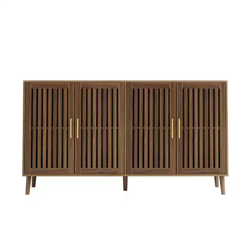 Homy Casa 63 Wood Storage Cabinet with Slatted Doors and Adjustable Shelves, Walnut Finish