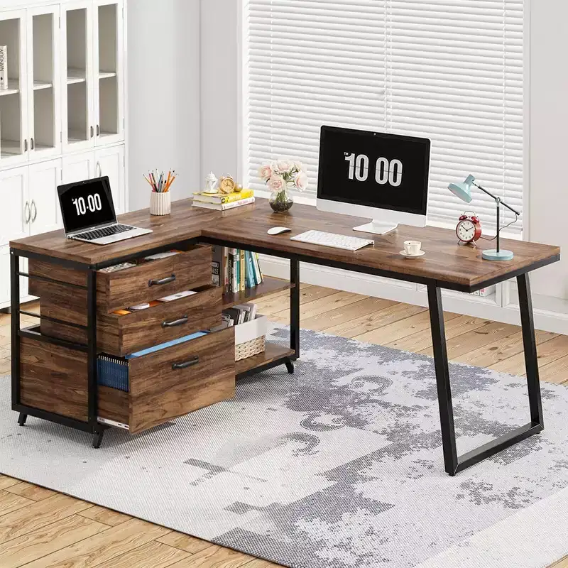 MAYEERTY 53 L-Shaped Desk with File Cabinet, Industrial Style, Easy Assembly