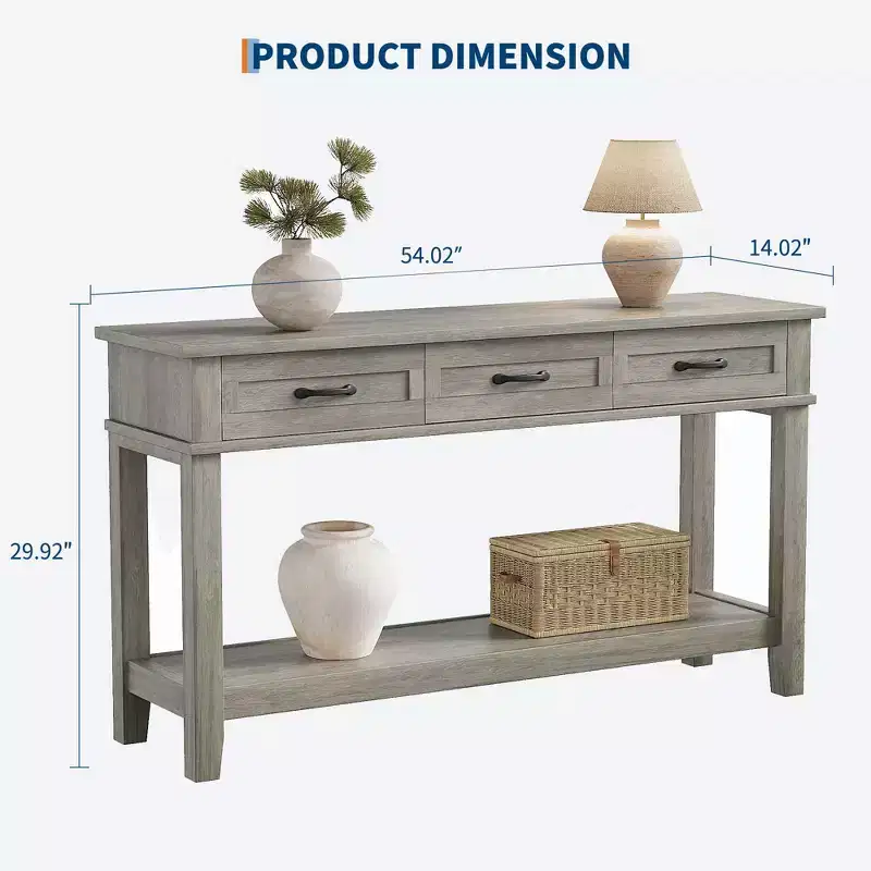 54 Entryway Console Table with 3 Drawers, 2 Tier Wooden Narrow Sofa Table Behind Couch, Rectangular Hallway Table for Entryway Living Room