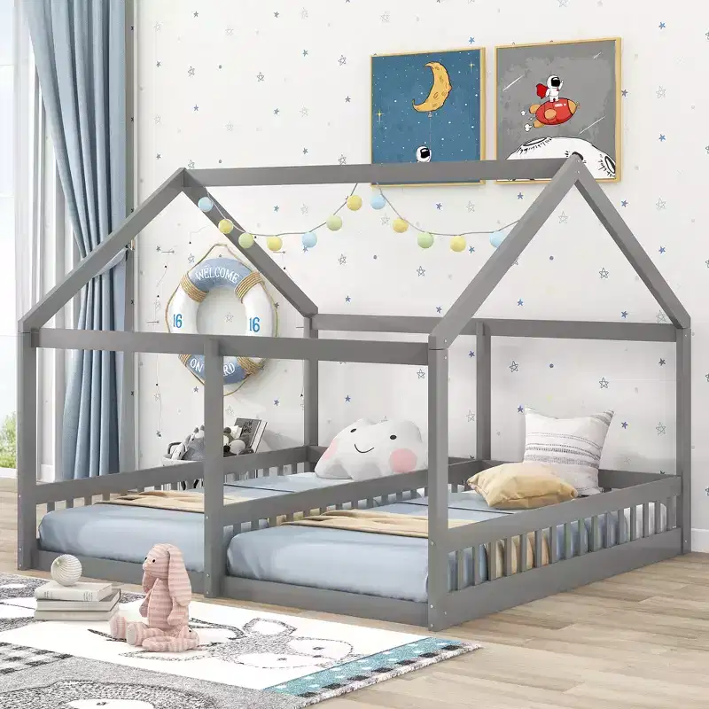 Twin Size Wood House Floor Platform Beds for 2 Kids, Two Shared Beds Frame for Kids Goys Girls