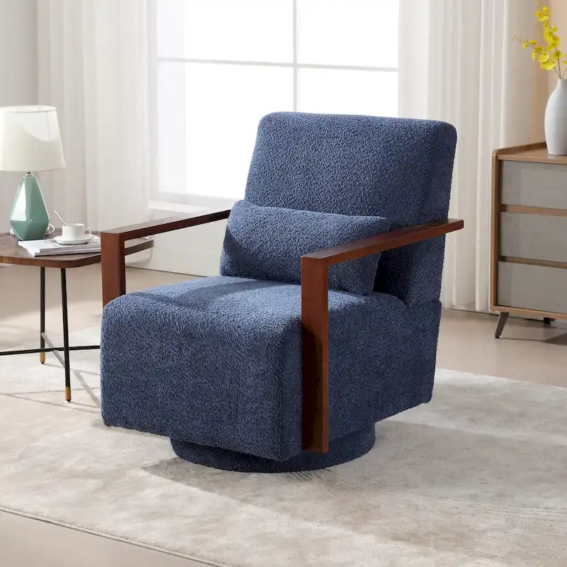 Mid-Century Boucle Upholstered Swivel Armchair With Pillow