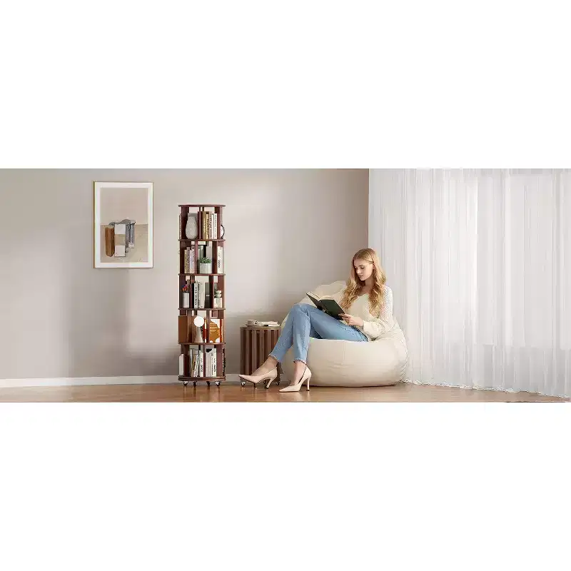 360° Rotating Bookshelf with Wheels, 5-Tier Solid Wood Narrow Bookcase, Display Case, Walnut