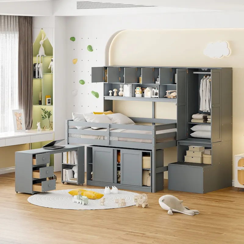 Gray / White Full Size Loft Bed with Shelves and Swing-Out Drawers for 1–2 Person