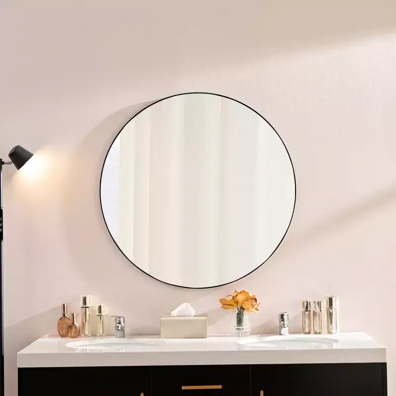 Modern Round Mirror with Narrow Aluminum Frame, Wall Mount Bathroom Mirror, Vanity Mirror for Bathroom, Living Room, Black