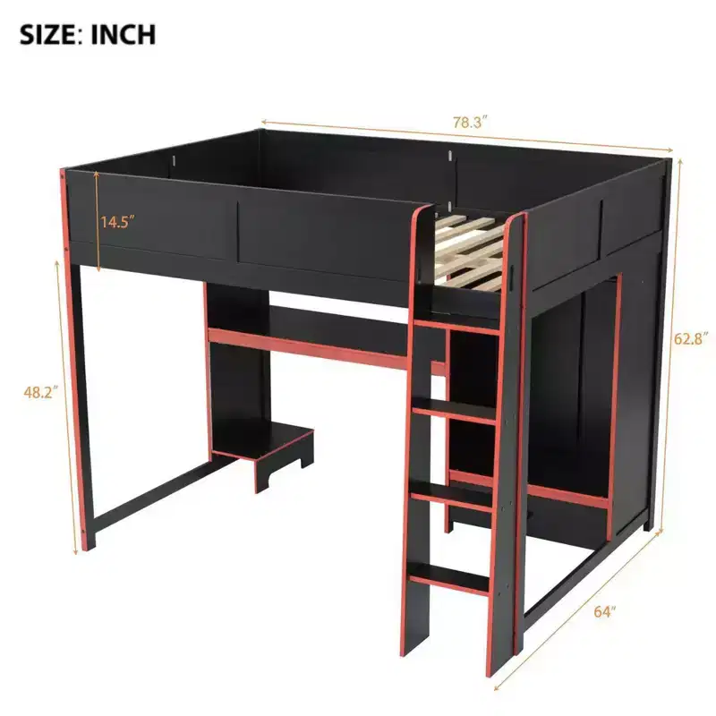Luxystar Full Size Wood Gaming Loft Bed with Built-in Desk, Wardrobe, LED and Drawer, Black+Red