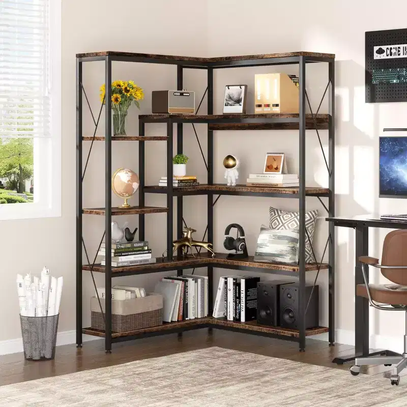 5-Tier Corner Bookshelf, 70.86 in. Tall L-Shaped Bookcase with Metal Frame for Living Room Home Office