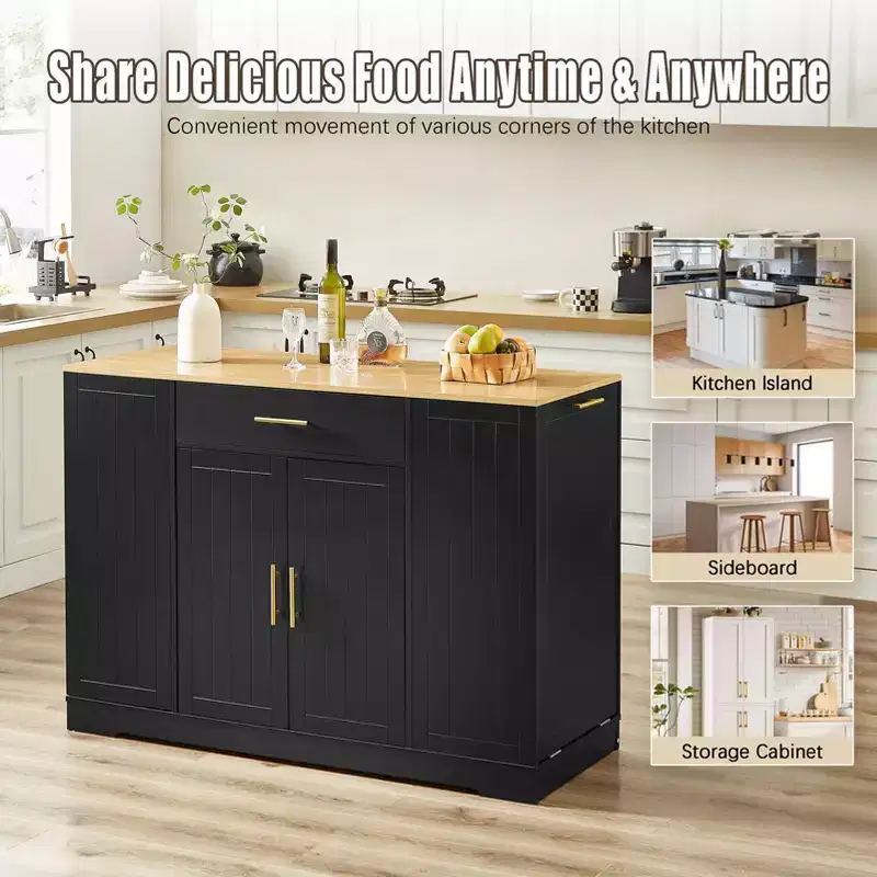 Kitchen Island with Doors & Center Drawer & Trash Can Storage, Storage Cabinet Dining Sideboard for Kitchen, Dining Room