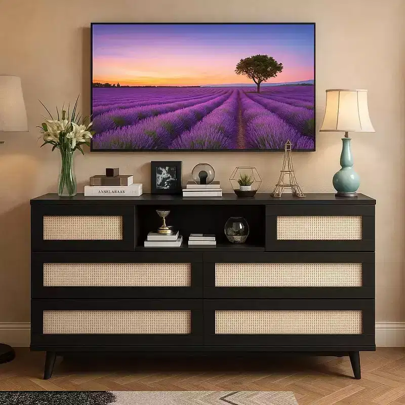 Modern Rattan Dresser, LED Dresser with Charging Station, Wooden Dressers & Chest of Drawers with 6 Drawers, TV Stand for Closet