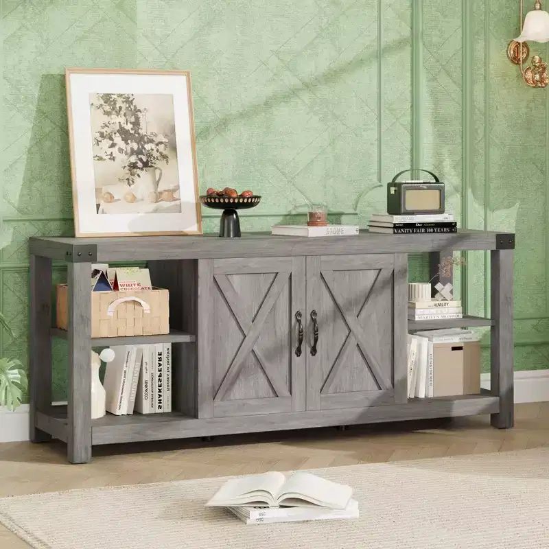 60 Farmhouse TV Stand for TVs up to 65, Gray Wood Entertainment Center with Adjustable Shelves, 2 Doors and Open Storage
