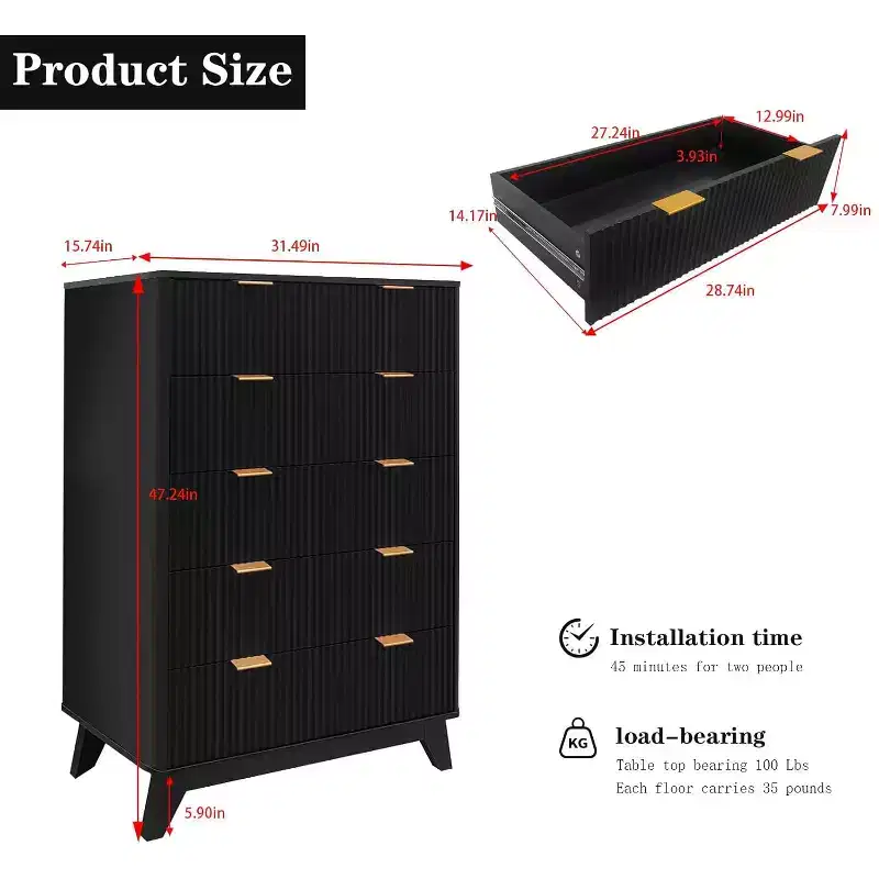 48 Tall Modern Chest of Drawers, 5 Drawers Dresser, Wooden Chest of Drawers, MDF Board Furniture, Wave Pattern Chest, Farmhouse Rustic Design