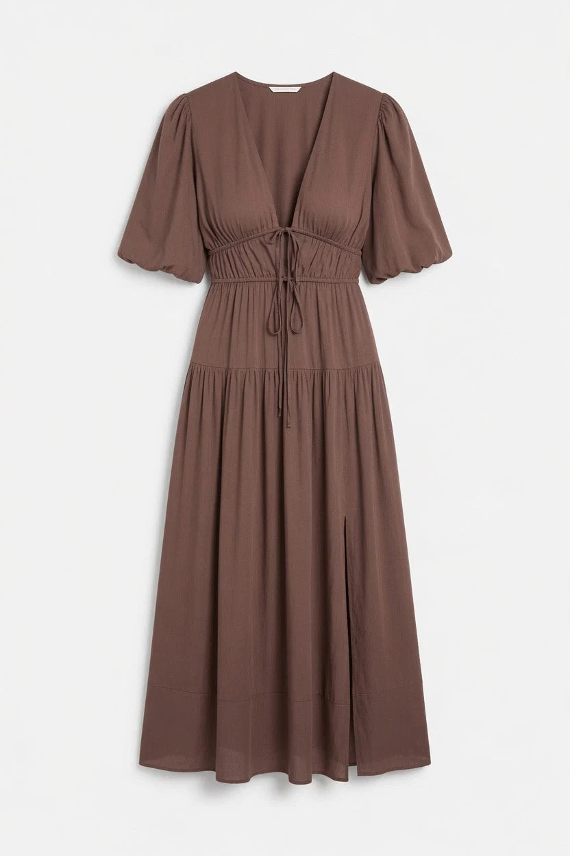 Puff Sleeve Smocked Waist Tiered Maxi Dress