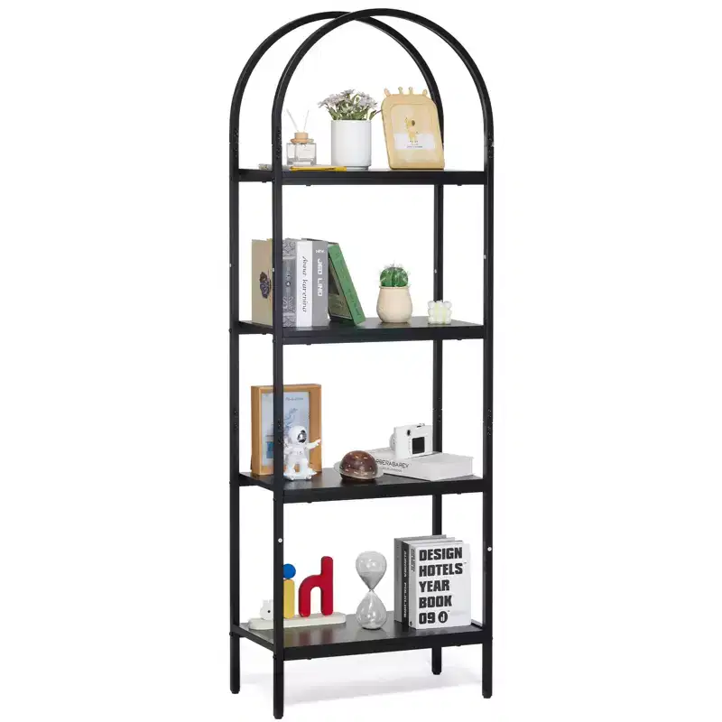 Metal Bookshelf, 4-Tier Arched Industrial Bookshelf, Small Rustic Vintage Storage Bookcase with Open Shelves, Freestanding Display Shelving