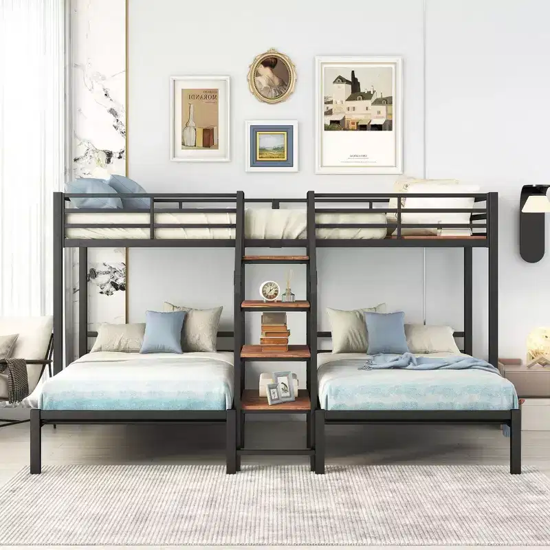 Twin over Twin-Twin Triple Loft Bunk Bed with Storage Shelves, Staircase and Safety Guardrail for Kids