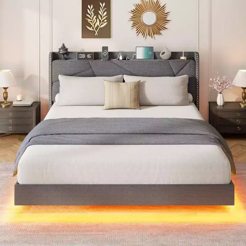 Suspended Modern Upholstered Platform Bed Frame with LED Lights and Sockets, Headboard, Sturdy Wooden Slats Support, Quiet and Easy to Assemble