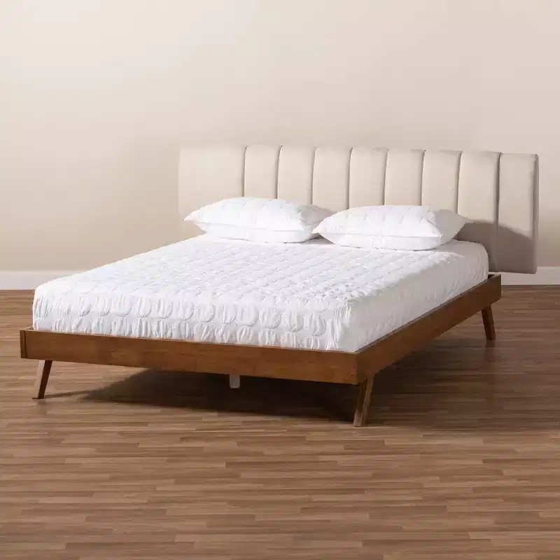King Walnut Platform Bed with Upholstered Headboard, Beige