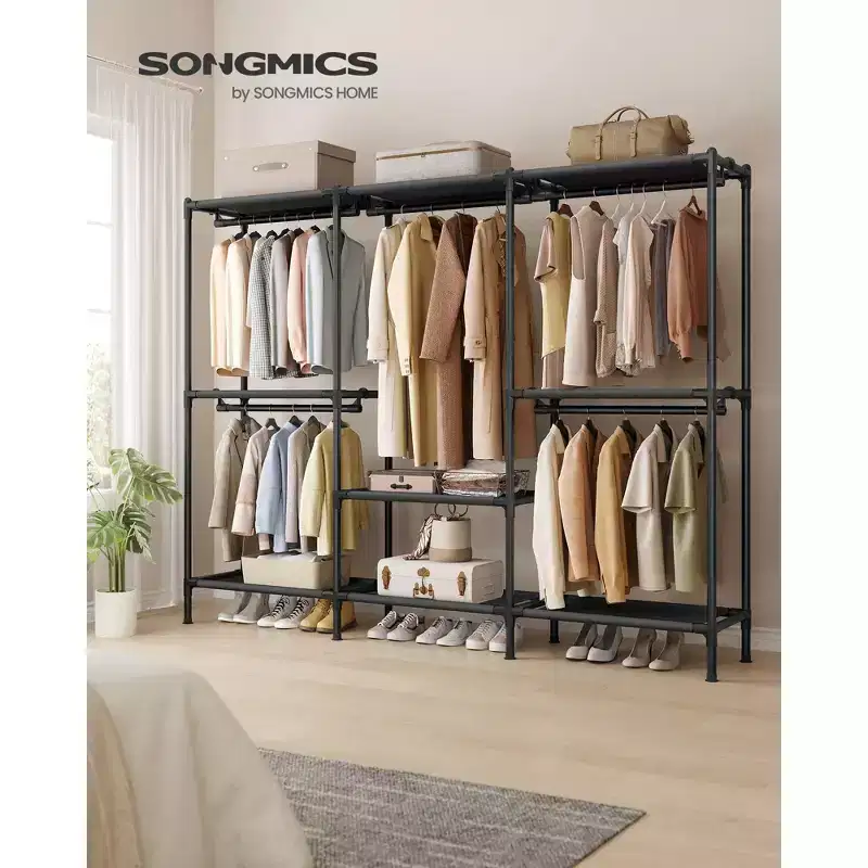 SONGMICS Clothes Rack, Heavy-Duty Wardrobe Closet Organizer with Hanging Rails and Shelves, Total Load 297 lb, Easy Assembly, Ink Black