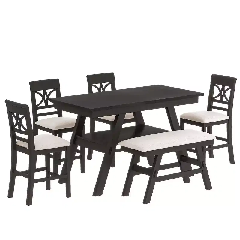 Whisen Rustic 6-Piece Counter Height Dining Table Set with Bench and 4 Upholstered Chairs