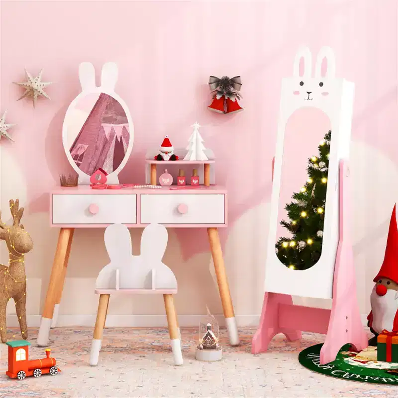 Kids White Vanity Set Princess Makeup Dressing Table And Chair Set With Jewelry Armoire